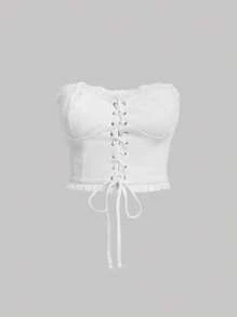 SHEIN MOD 大碼前繫帶褶邊抹胸牛仔上衣 - 白色 - 查看 1