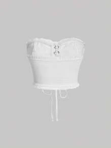 SHEIN MOD 大碼前繫帶褶邊抹胸牛仔上衣 - 白色 - 查看 2