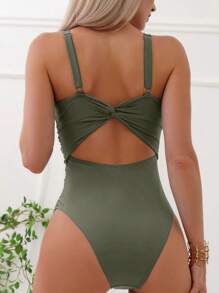 Swim Basics Summer Beach Solid Ruched Twist Backless One Piece Swimsuit