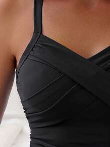 Swim Basics Chất rắn Xù Xoắn Không lưng Đồ bơi một mảnh - màu đen - Xem 3