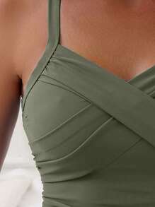 Swim Basics Summer Beach Solid Ruched Twist Backless One Piece Swimsuit