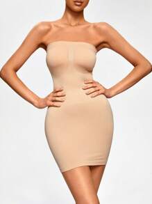 SHAPORA Women's Beige Tummy Control Mini Dress Slip Casual Comfy Medium Stretch Semi-Sheer Underdress Shapewear - Beige - View 4