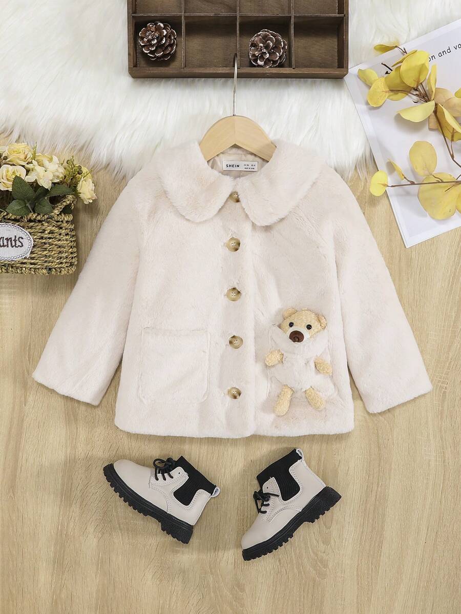 SHEIN Áo khoác bông có nút chi tiết dành cho búp bê trẻ dành cho cô gái trẻ - Màu be - Xem 1