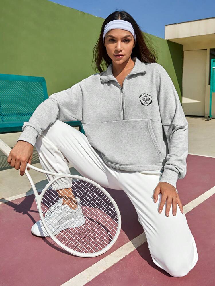 Letter Graphic Half Zip Drop Shoulder Sports Sweatshirt