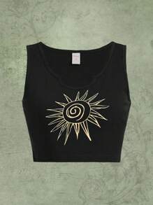 ROMWE Fairycore 太陽圖案背心上衣 - 黑色 - 查看 1