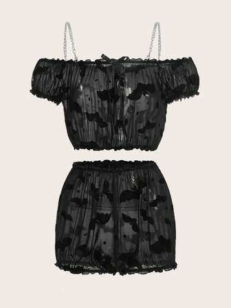 Goth طقم ملابس داخلية بطباعة خفاش بتفاصيل السلسلة مقلم نمط نبات الخس شبكة