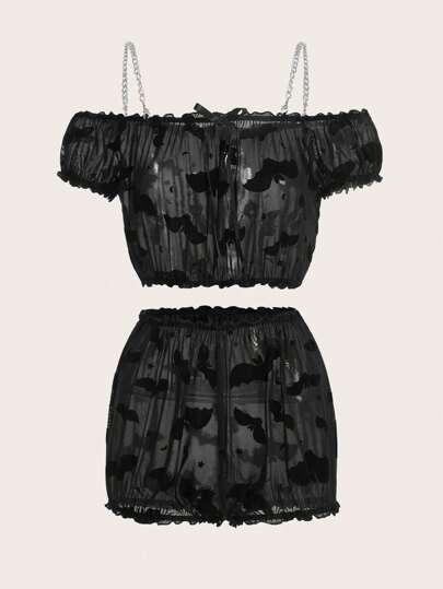 Goth طقم ملابس داخلية بطباعة خفاش بتفاصيل السلسلة مقلم نمط نبات الخس شبكة