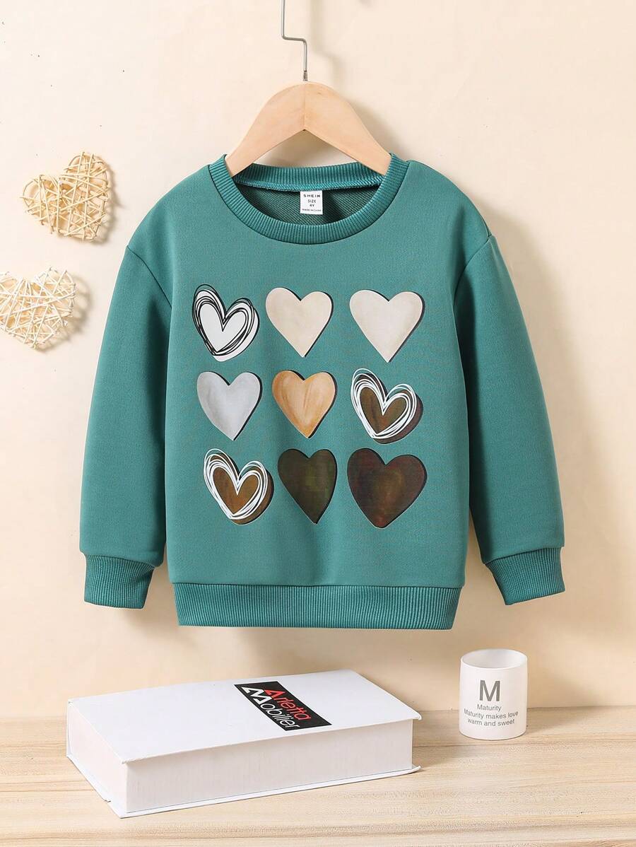SHEIN 女小童愛心圖案運動衫 - 綠色 - 查看 1