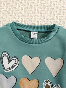 SHEIN 女小童愛心圖案運動衫 - 綠色 - 查看 5