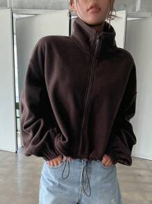 DAZY Zip Up Drawstring Hem Drop Shoulder Sweatshirt,Long Sleeve Tops,Fall Clothes Jacket Y2k - Chocolate Brown - View 7