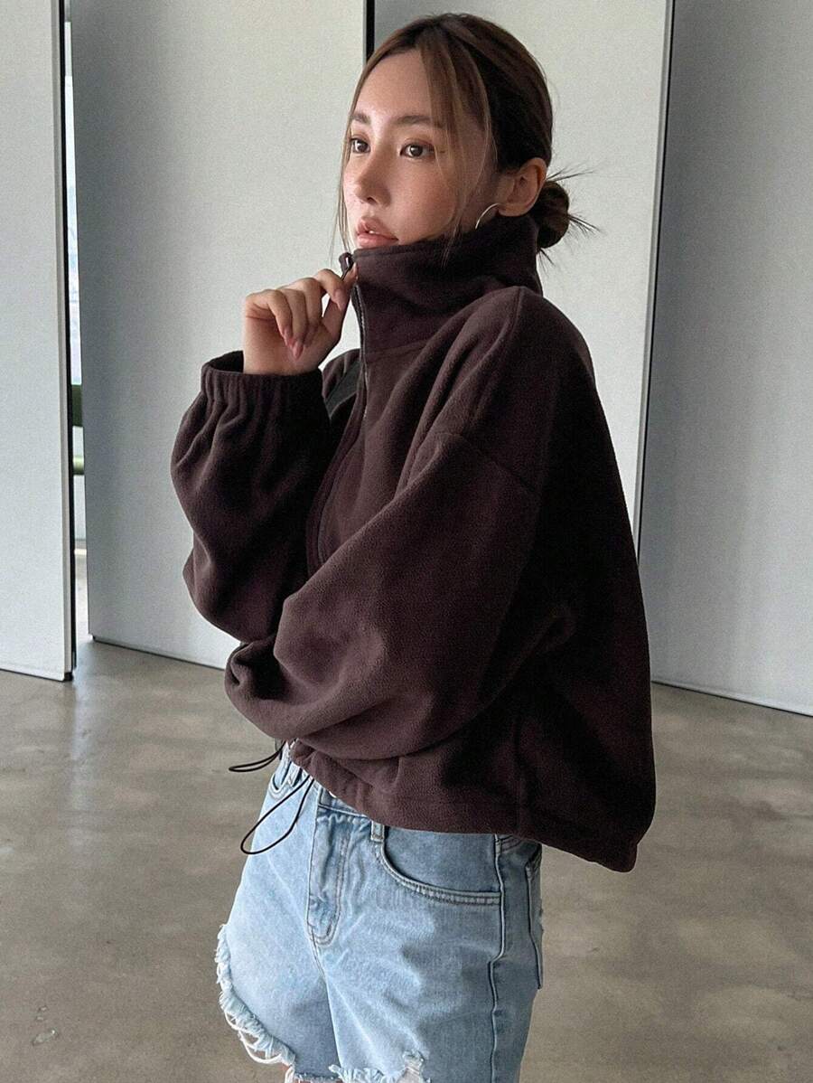 DAZY Zip Up Drawstring Hem Drop Shoulder Sweatshirt,Long Sleeve Tops,Fall Clothes Jacket Y2k - Chocolate Brown - View 1