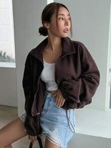 DAZY Zip Up Drawstring Hem Drop Shoulder Sweatshirt,Long Sleeve Tops,Fall Clothes Jacket Y2k - Chocolate Brown - View 2