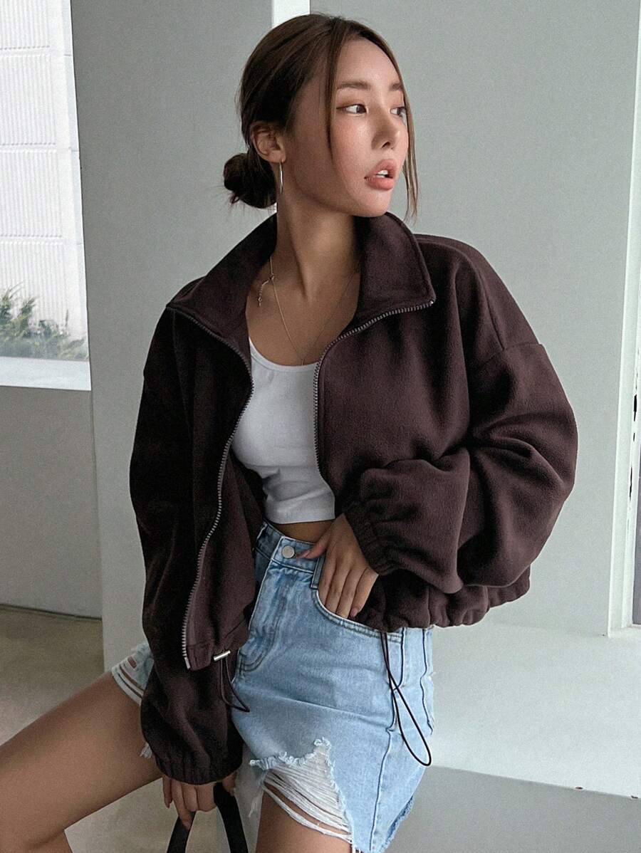 DAZY Zip Up Drawstring Hem Drop Shoulder Sweatshirt,Long Sleeve Tops,Fall Clothes Jacket - Chocolate Brown - View 1