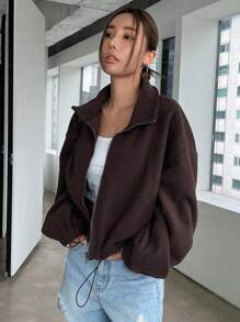 DAZY Zip Up Drawstring Hem Drop Shoulder Sweatshirt,Long Sleeve Tops,Fall Clothes Jacket Y2k - Chocolate Brown - View 8