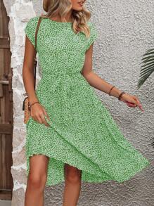 SHEIN Clasi Allover Print Batwing Sleeve Belted Dress - Mint Green - View 5