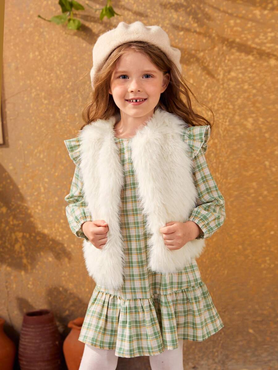 SHEIN 少女圓領假毛無袖休閒保暖馬甲 - 米色 - 查看 1