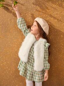 SHEIN 少女圓領假毛無袖休閒保暖馬甲 - 米色 - 查看 3