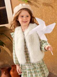 SHEIN 少女圓領假毛無袖休閒保暖馬甲 - 米色 - 查看 4