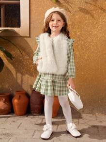 SHEIN 少女圓領假毛無袖休閒保暖馬甲 - 米色 - 查看 5