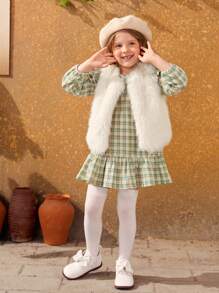 SHEIN 少女圓領假毛無袖休閒保暖馬甲 - 米色 - 查看 6