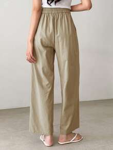 DAZY 純色束口高腰寬腿褲 - 卡其色 - 查看 5