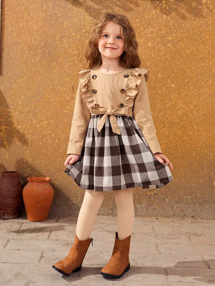 Young Girl Plaid Print Ruffle Trim Belted Dress