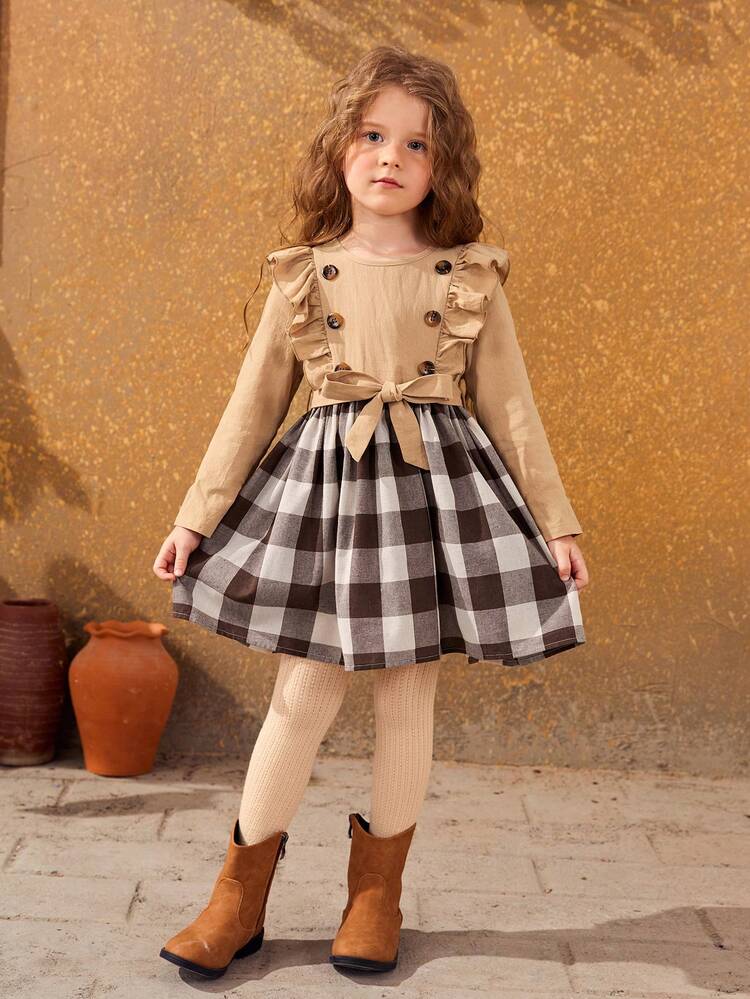 Young Girl Plaid Print Ruffle Trim Belted Dress