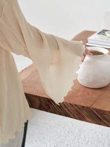 DAZY 女士商务休闲纹理雪纺衬衫，秋季女装长袖上衣 - 杏色 - 查看 4