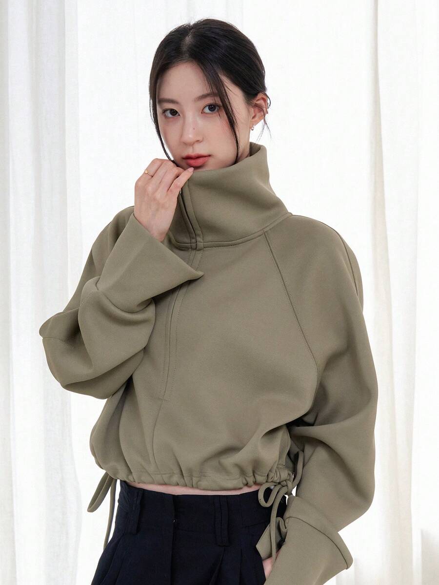 DAZY Sudadera con cremallera de manga raglán bajo con cordón - Verde - Ver 1
