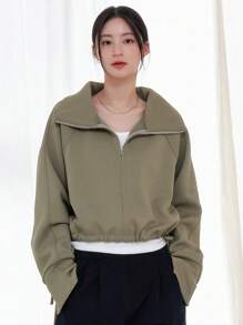 DAZY Sudadera con cremallera de manga raglán bajo con cordón - Verde - Ver 7