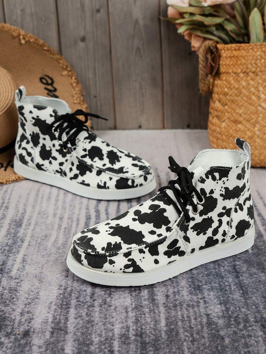 Zapatos de moda vaca patrón delantero con cordón arriba alta plano patinaje para mujeres - Multicolor - Ver 1