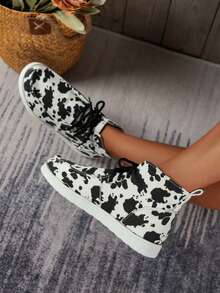 Zapatos de moda vaca patrón delantero con cordón arriba alta plano patinaje para mujeres - Multicolor - Ver 2