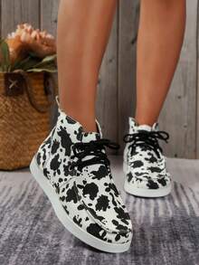 Zapatos de moda vaca patrón delantero con cordón arriba alta plano patinaje para mujeres - Multicolor - Ver 3