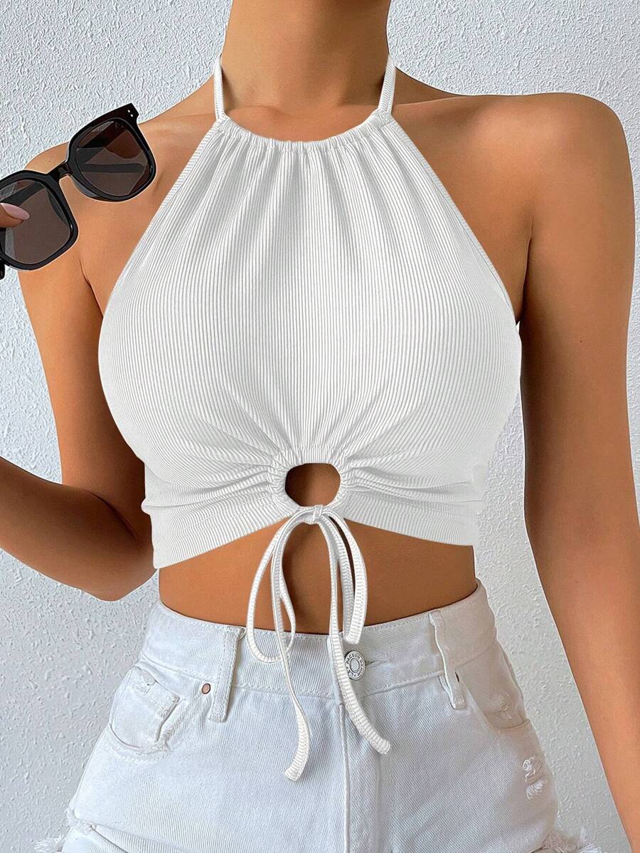 Chiquease Drawstring Front Crop Halter Top - White - View 1