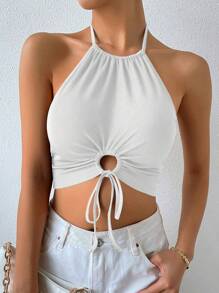 Chiquease Drawstring Front Crop Halter Top - White - View 4