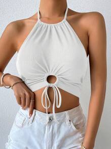 Chiquease Drawstring Front Crop Halter Top - White - View 6