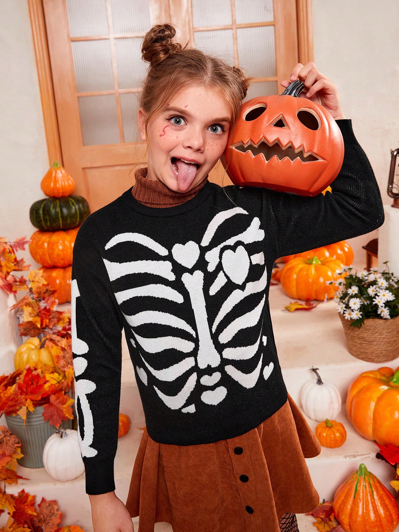 SHEIN Tween Girl Skeleton Pattern Halloween Costume Sweater SHEIN USA