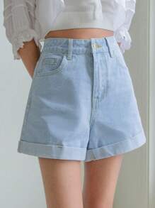 DAZY Zip Fly Roll Hem Denim Shorts Jorts - Light Wash - View 1