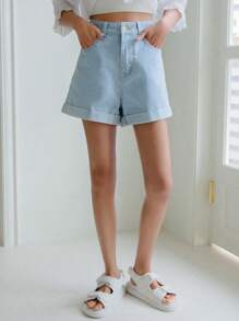 DAZY Zip Fly Roll Hem Denim Shorts Jorts - Light Wash - View 5