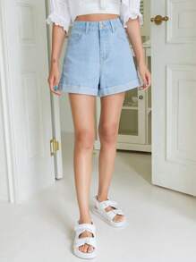 DAZY Zip Fly Roll Hem Denim Shorts Jorts - Light Wash - View 6