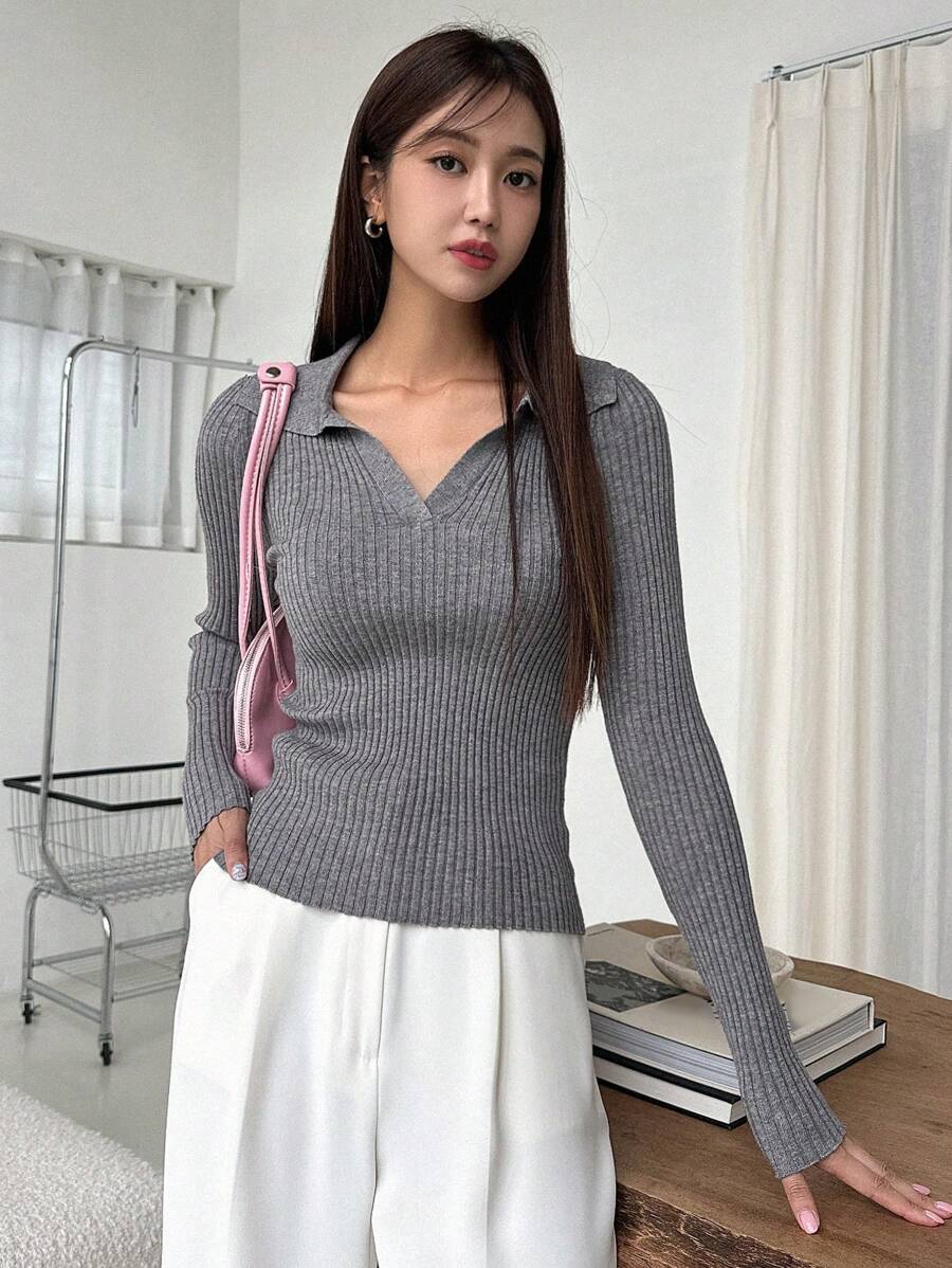 DAZY Business Casual Simple Solid Color Slim Fit Sweater,Fall Clothes - Grey - View 1