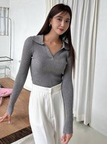 DAZY Business Casual Simple Solid Color Slim Fit Sweater,Fall Clothes - Grey - View 5