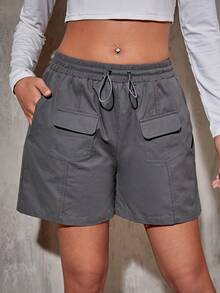 SHEIN EZwear Túi có nắp Eo dây rút Quần short - Màu xám đen - Xem 3
