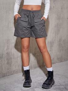 SHEIN EZwear Túi có nắp Eo dây rút Quần short - Màu xám đen - Xem 4