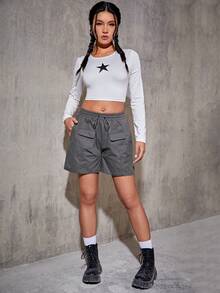 SHEIN EZwear Túi có nắp Eo dây rút Quần short - Màu xám đen - Xem 5