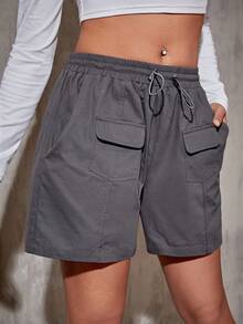 SHEIN EZwear Túi có nắp Eo dây rút Quần short - Màu xám đen - Xem 7