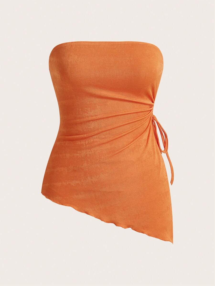 SHEIN EZwear Summer Dopamine Orange Folds Drawstring Side Asymmetrical Hem Tube Slim Fit And Crop Top - Orange - View 1