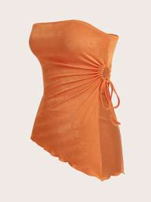 SHEIN EZwear Summer Dopamine Orange Folds Drawstring Side Asymmetrical Hem Tube Slim Fit And Crop Top - Orange - View 4