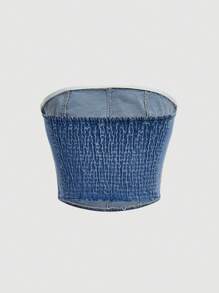 SHEIN Privé 休閒打褶純色女士牛仔上衣 - 淺色水洗藍 - 查看 2