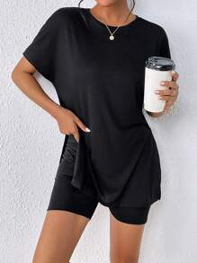 SHEIN Frenchy Solid Split Hem Tee & Cycling Shorts - Black - View 1
